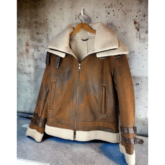 Zara Other - Zara Faux Leather Sherpa Lined Aviator Style Contrast Double Collar Jacket Large